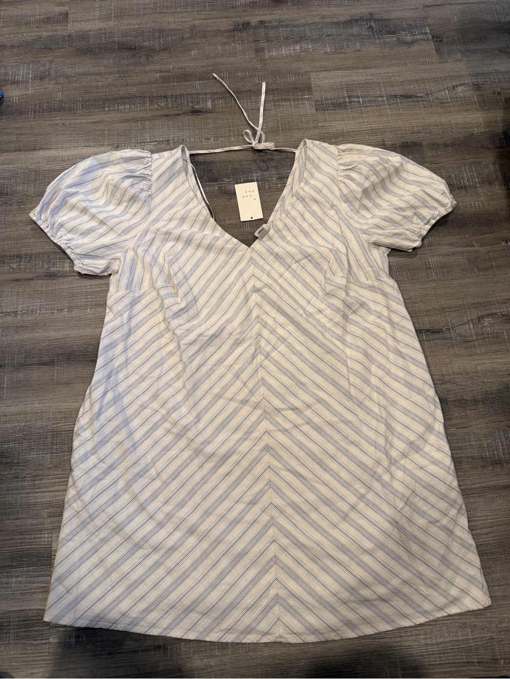 a new day White Mini Dress with Light Blue Stripes and Puff Sleeves